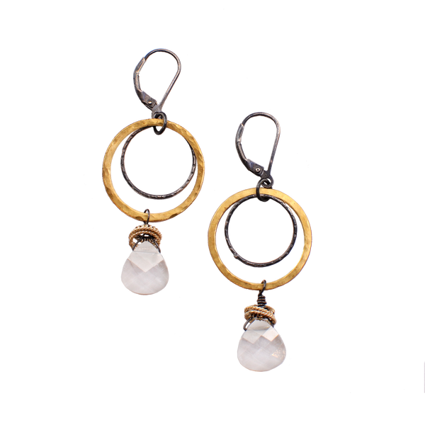 Brass and Silver Hoops with Crystal Pendant